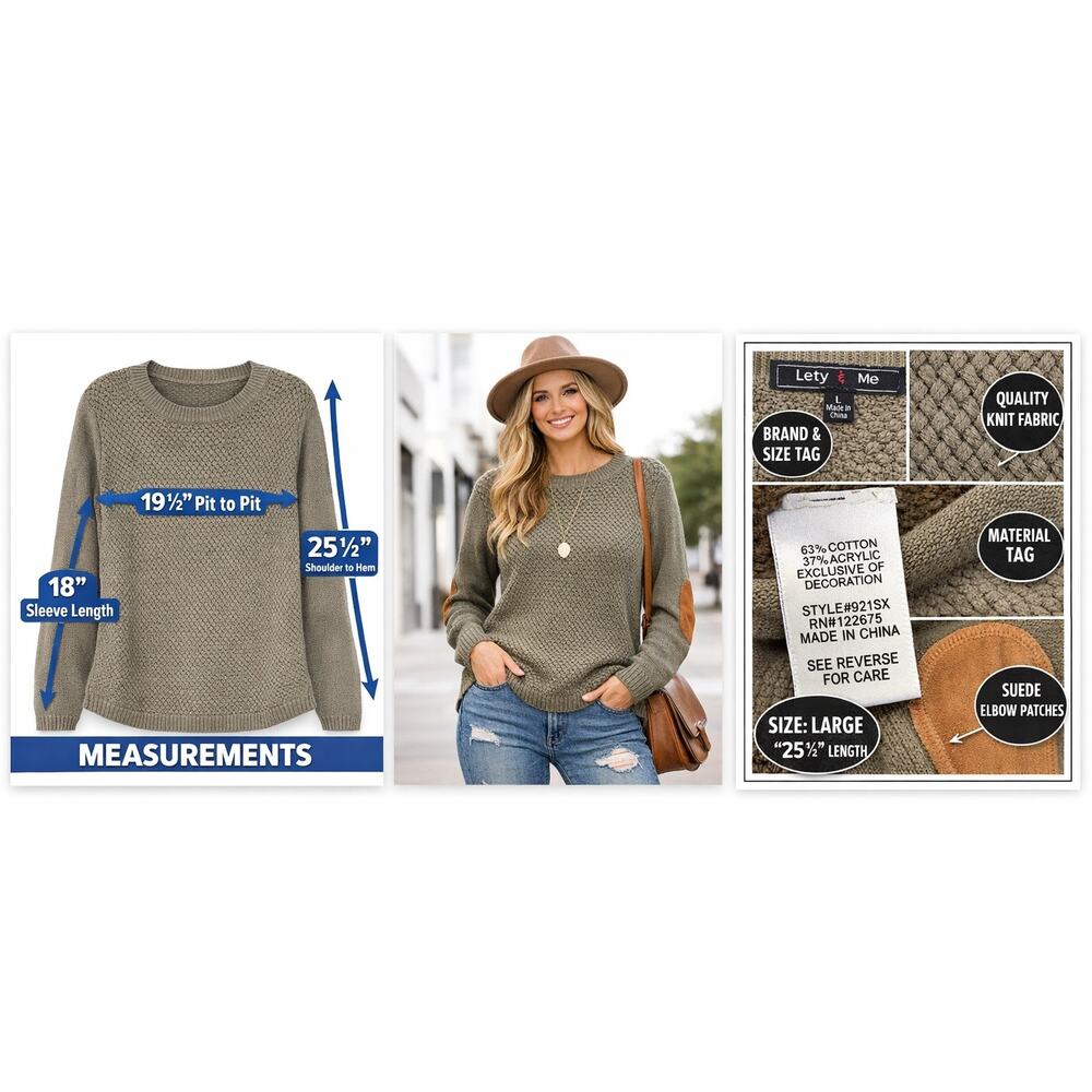 Lety & Me Josey Sweater Large Taupe Elbow‎ Patch Waffle Knit Preppy Stitch Fix